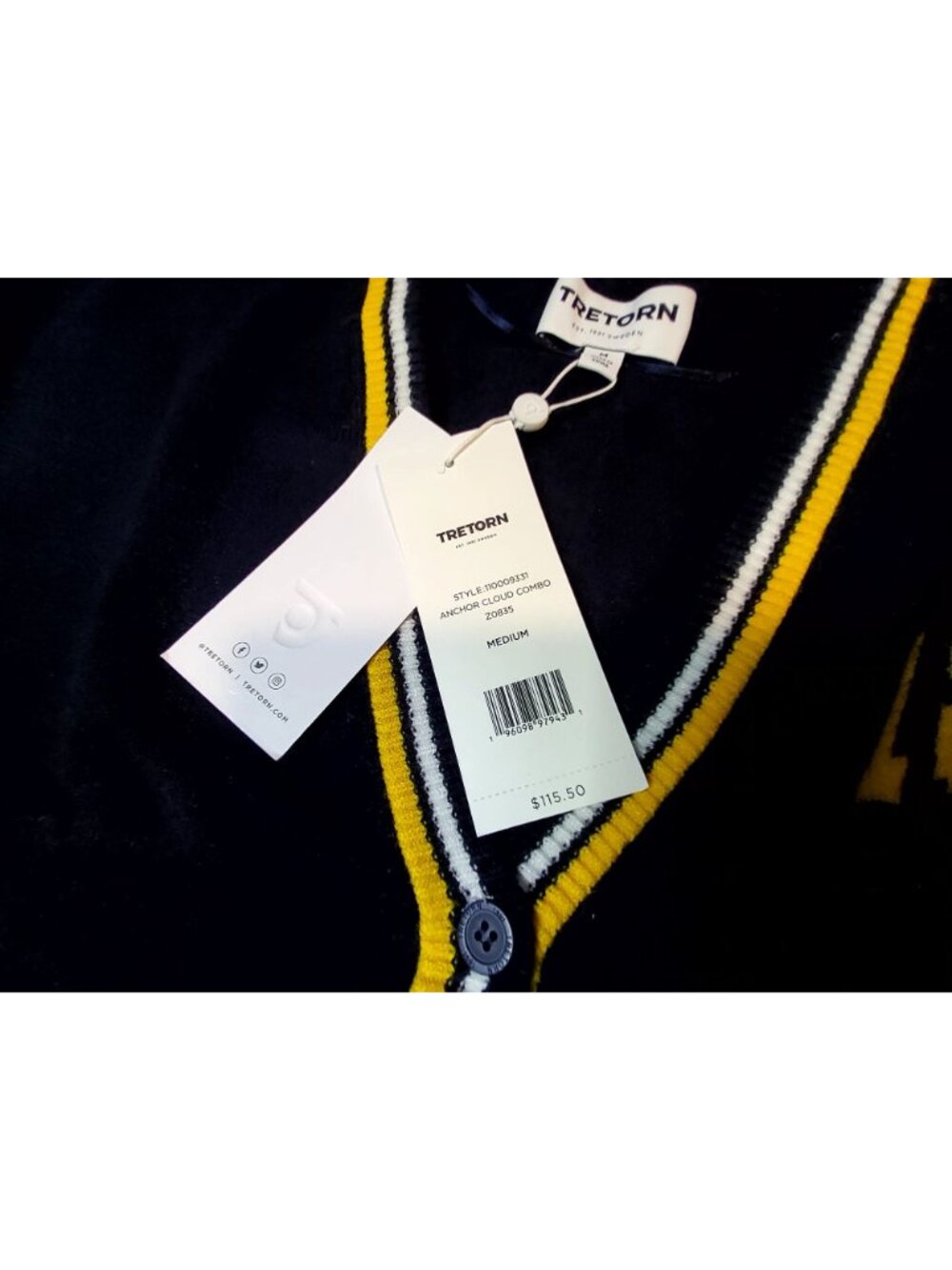 Tretorn Navy & White Varsity Style Cardigan With Yellow Stripe Accents Medium - Picture 7 of 11